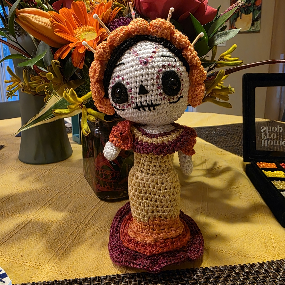 Crochet Day of the Dead Doll - Orange, Cream, and Brown